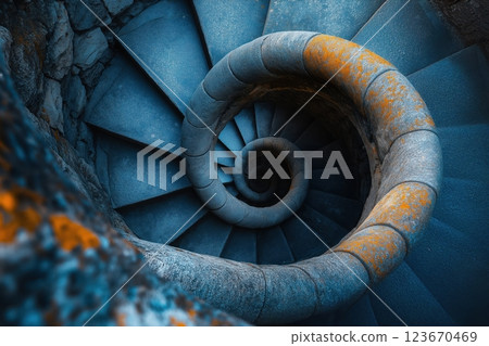 Spiral Staircase: Top-Down View Inside a Historic Stone Tower 123670469