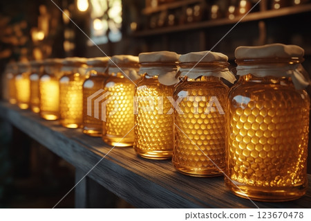 Row of jars with honeycomb, golden honey glowing on rustic wooden shelf 123670478