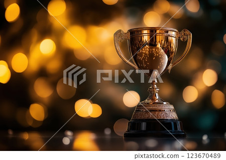 Shimmering golden trophy symbolizing success, achievement, and triumph surrounded by glowing light 123670489
