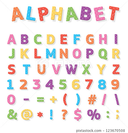 Cute vector colored alphabet and signs with polka dot texture 123670508