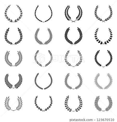 A set of vector black and white silhouettes of round laurel and oak wreaths depicting awards 123670510