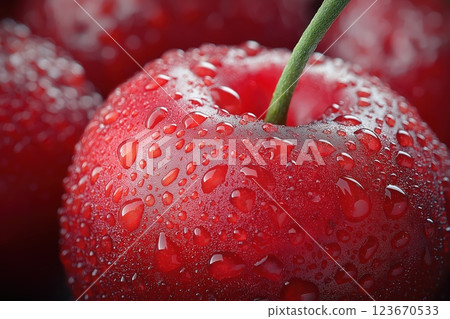 Close-up of a textured cherry glistening under light with intricate details 123670533