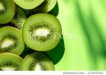 Freshly sliced kiwi fruits arranged artfully, showcasing the details against a vivid green backdrop 123670582