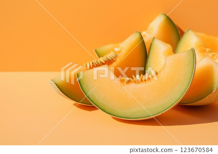 Vibrant image of juicy cantaloupe melon slices arranged neatly against a sunny orange backdrop, evoking a sense of freshness and summer 123670584