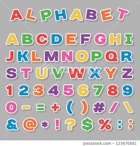 Vector flat alphabet with symbols and letters with bright multi-colored 123670881
