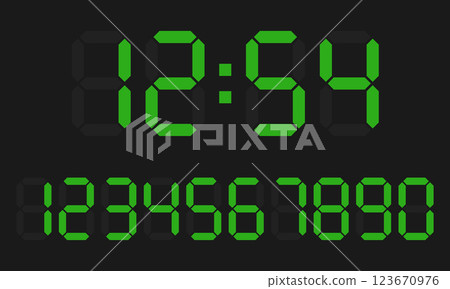 Digital clock and number set, electronic figures 123670976
