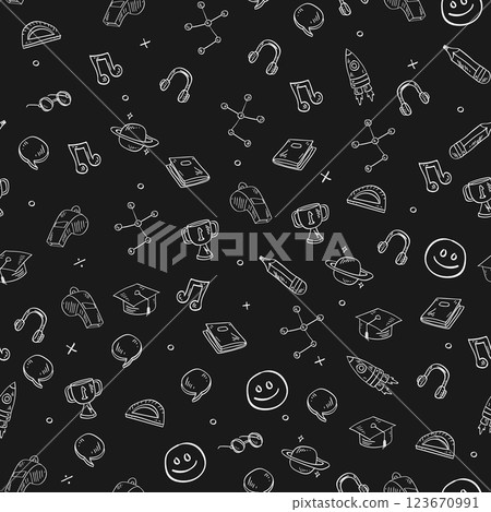 Seamless pattern on a black background for children's school, cups, medals, whistle, books, vector. 123670991