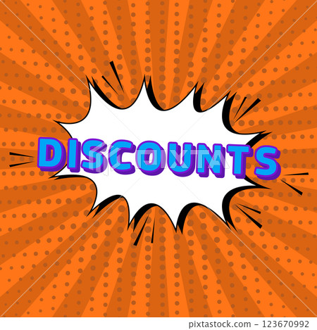 Orange vector comic background for advertising in the store promotions and sales, rays and circles with text. 123670992