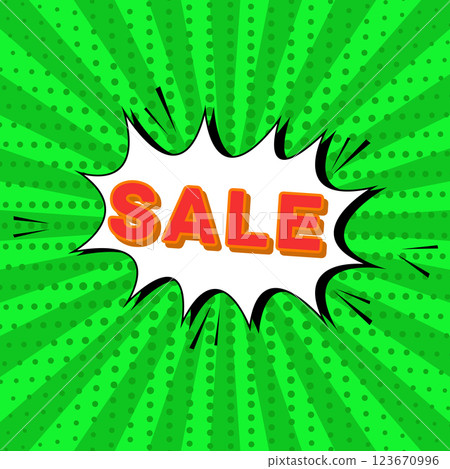 Vector background comic green for advertising in store promotions and sales, rays and circles with text. 123670996