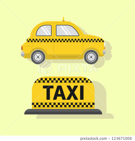 Vector icon car taxi service yellow color in flat style with shadow, as well as a checker with the inscription taxi on a bright background, for advertising and web design. Vector icon car taxi service yellow color in flat style with shadow, as well as a checker with the inscription taxi on a bright background, for advertising and web design. 123671008