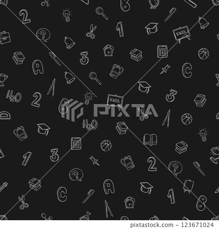 Seamless vector pattern on a black background school items in a flat style doodle numbers, alarm clock, pen, bell, magnifier, briefcase, calculator. 123671024