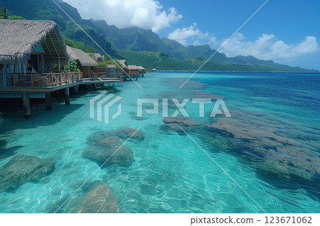 Pier with thatched wooden bungalows in azure waters of Bora Bora AI Generative 123671062