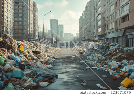 Garbage strike in city is characterized by overflowing piles of garbage on streets. AI Generative 123671079
