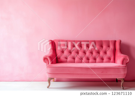 pink plush sofa against a pink wall 123671110