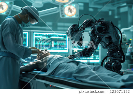 Humanoid robot arms are used by surgeons in high tech hospitals to operate on patients using high precision programmable arms AI Generative 123671132