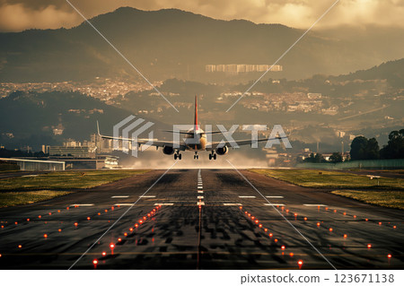 Passenger plane lands at airport after taking off from runway AI Generative 123671138