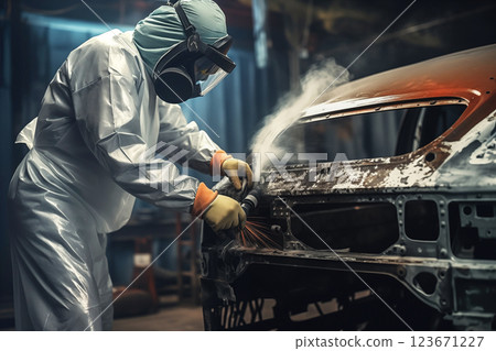 An experienced mechanic is working in workshop repairing car bodies preparing automobiles for painting AI Generative 123671227