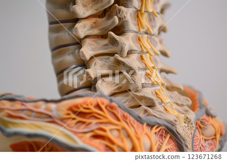 Anatomical features of vertebrae, including vertebral body arch, the spinous annulus fibrosus, nucleus pulposus AI Generative 123671268