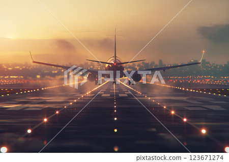 Landing of passenger aircraft on an airport runway AI Generative 123671274