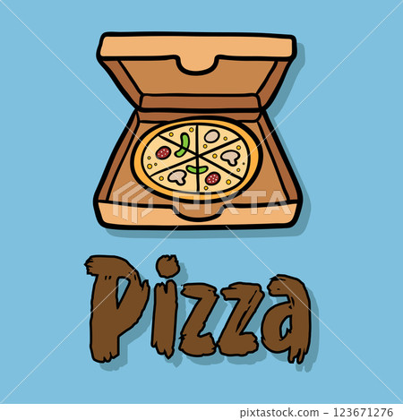 Vector banner in a flat pizza style in a box with text shadow on a blue background. Vector banner in a flat pizza style in a box with text shadow on a blue background. 123671276