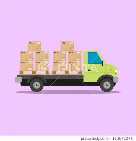 Vector illustration truck with boxes, delivery of goods, flat style on a bright background, for advertising and design. Vector illustration truck with boxes, delivery of goods, flat style on a bright background, for advertising and design. 123671278