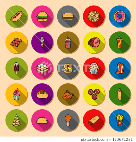 Set of vector fast food icons in round flat bright plates with long shadow. Set of vector fast food icons in round flat bright plates with long shadow. 123671281