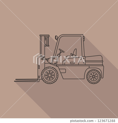 The vector icon is a flat-style forklift on a bright background, with a long shadow, in a tile outline. 123671288