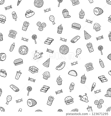 Seamless vector scribbling pattern fast food in a flat-style outline that depicts hot dog, sausage, pizza, burger, chicken grill, sandwich, French fries, drinks, sausage, charm, on a white background. 123671295