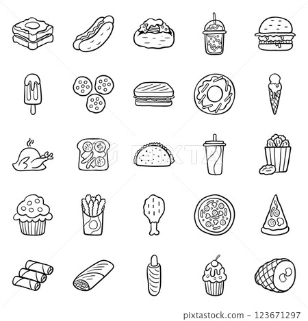 A large set of vector icons of fast food in a flat style outline, which depicts hot dog, sausage, pizza, burger, chicken grill, sandwich, potato fries, drinks, sausage, charm. A large set of vector icons of fast food in a flat style outline, which depicts hot dog, sausage, pizza, burger, chicken grill, sandwich, potato fries, drinks, sausage, charm. 123671297