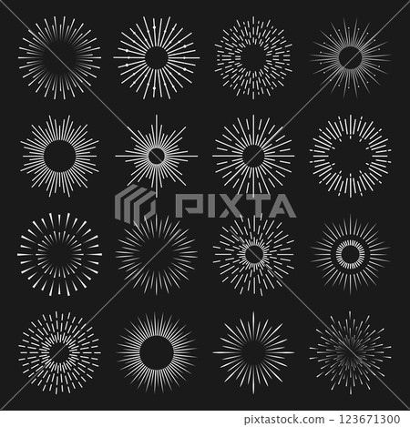 Vector set of round white rays on black background for web design and internet. 123671300