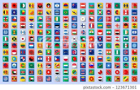 Vector flags of all countries of the world in a circle with a long shadow on bright backgrounds. 123671301