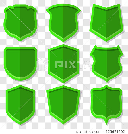 Set of green vector shields in 3D style with shadow. 123671302