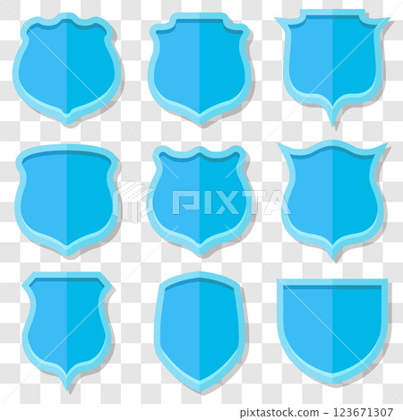 Set of blue vector shields in 3D style with shadow. 123671307