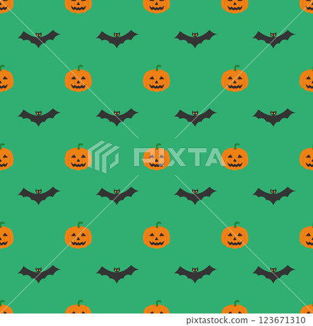 Halloween pattern, smiling and funny cartoon characters pumpkin on green background. Halloween pattern, smiling and funny cartoon characters pumpkin on green background. 123671310