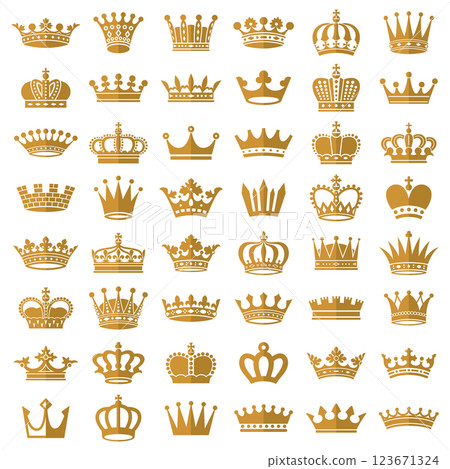 Gold crown icons. Queen king golden crowns luxury royal on blackboard. 123671324