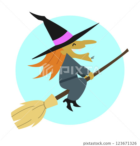 Simple flat illustration of an old witch flying on a broom smiling with a bag on her back. Simple flat illustration of an old witch flying on a broom smiling with a bag on her back. 123671326