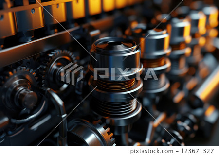Modern engine with gears is powered by pistons in cylinders that have modern technological valves AI Generative Modern engine with gears is powered by pistons in cylinders that have modern technological valves AI Generative 123671327