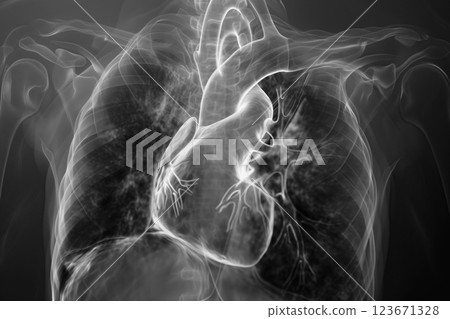 Cardiology doctor examines 3D radiology scan of rendering for patient heart during an examination in hospital AI Generative 123671328