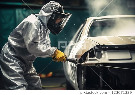 Professional mechanic is engaged repairing car body preparing automobile for painting in workshop AI Generative 123671329