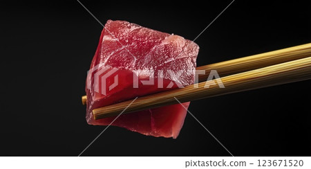 Raw tuna cube held by chopsticks on black background with copy space 123671520