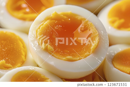 Soft boiled eggs cut in half with soft yolk close up macro shot 123671531
