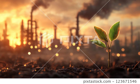 green plant growing in soil with polluted air from oil refinery plant 123671546