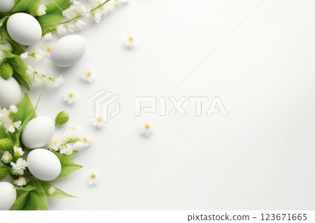 Flat lay Easter composition with colorful flowers, butterflies, and pastel eggs on a light background. Soft and bright spring design with copyspace, perfect for holiday greetings and creative projects 123671665