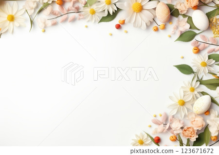 Flat lay Easter composition with colorful flowers, butterflies, and pastel eggs on a light background. Soft and bright spring design with copyspace, perfect for holiday greetings and creative projects 123671672