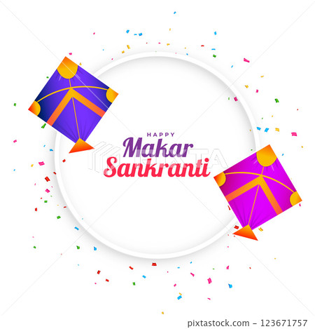 makar sankranti white greeting with kites and confetti 123671757