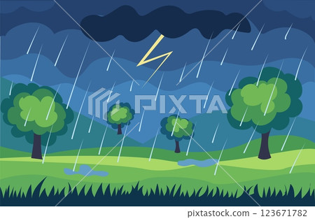 Vector illustration depicting a stormy landscape with rain and lightning over green hills and trees 123671782