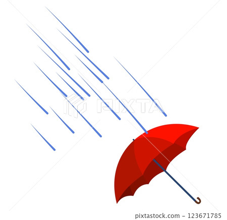Bright red umbrella stands out against falling rain in a minimalistic vector illustration, capturing the essence of a rainy day experience 123671785