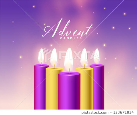 five advent candles in purple and golden color 123671934