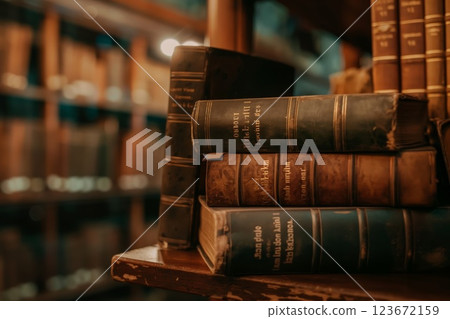 Collection of aged, hardcover books stacked on a wooden shelf, symbolizing the timeless pursuit of knowledge and learning 123672159