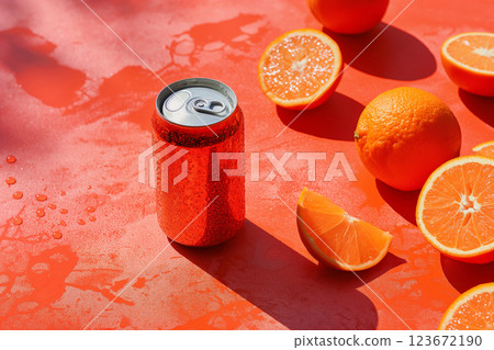 Chilled can of orange soda surrounded by fresh orange slices, casting a shadow on a bright red surface, suggesting summertime refreshment Chilled can of orange soda surrounded by fresh orange slices, casting a shadow on a bright red surface, suggesting summertime refreshment 123672190